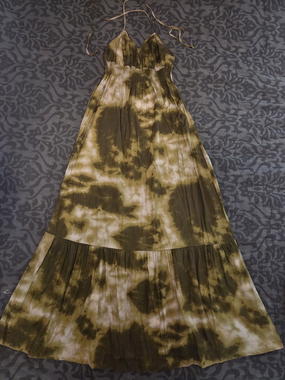 New York & Company Olive Tie-Dye Halter Maxi Dress